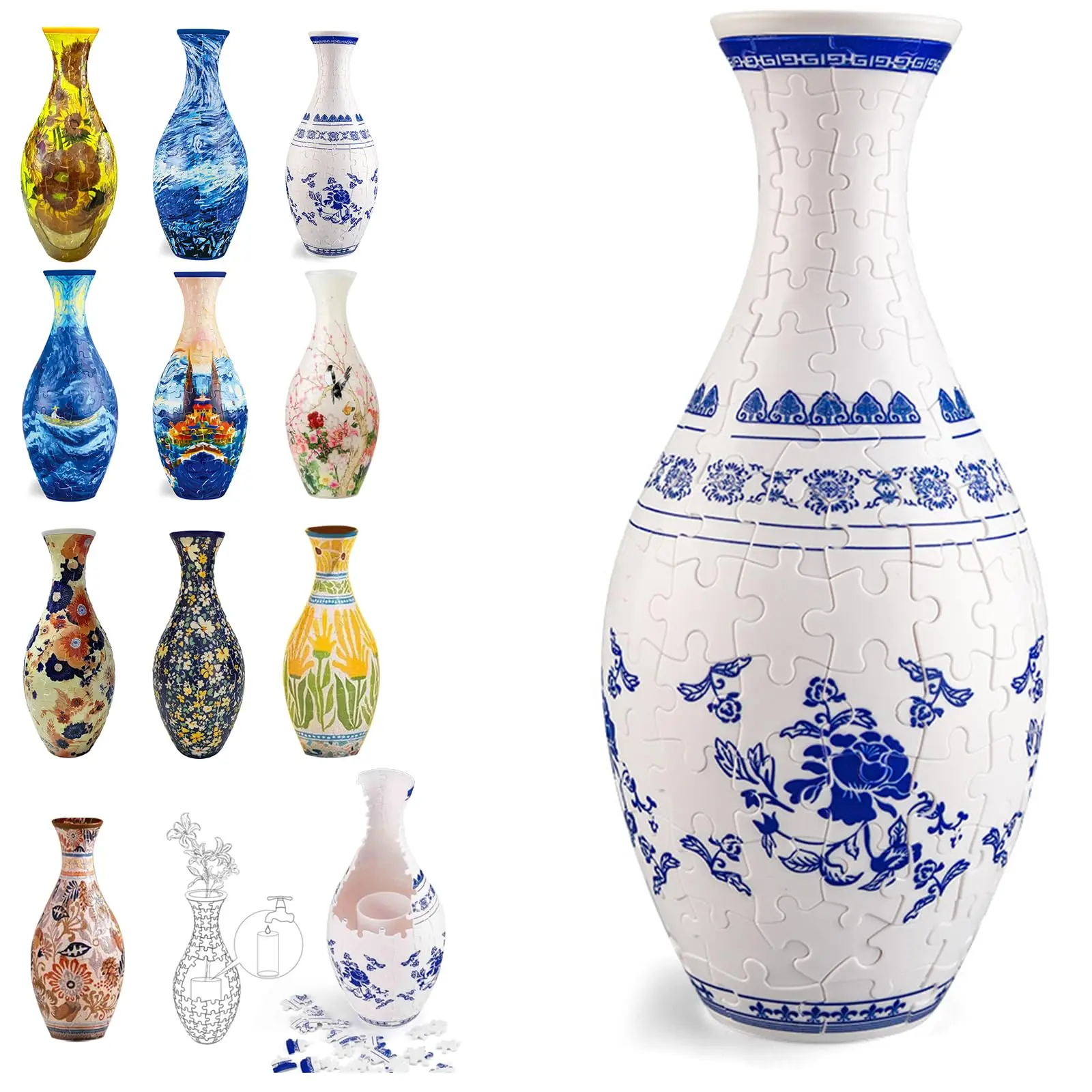 3D Puzzle Flower Vase, 160 Pieces DIY Plastic Curved Flower Vase Waterproof Porcelain Puzzle Birthday or Housewarming Gift Indoor Home Decoration for Flower Arrangements Vase Decorative Ornaments