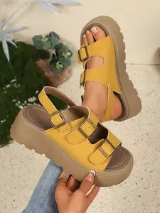 Summer New Vintage Thick Sole Buckle Sandals for Women, Casual Comfortable Strappy Platform Roman Shoes, Higher Platform Sandals, Suitable for Daily Commute Travel
