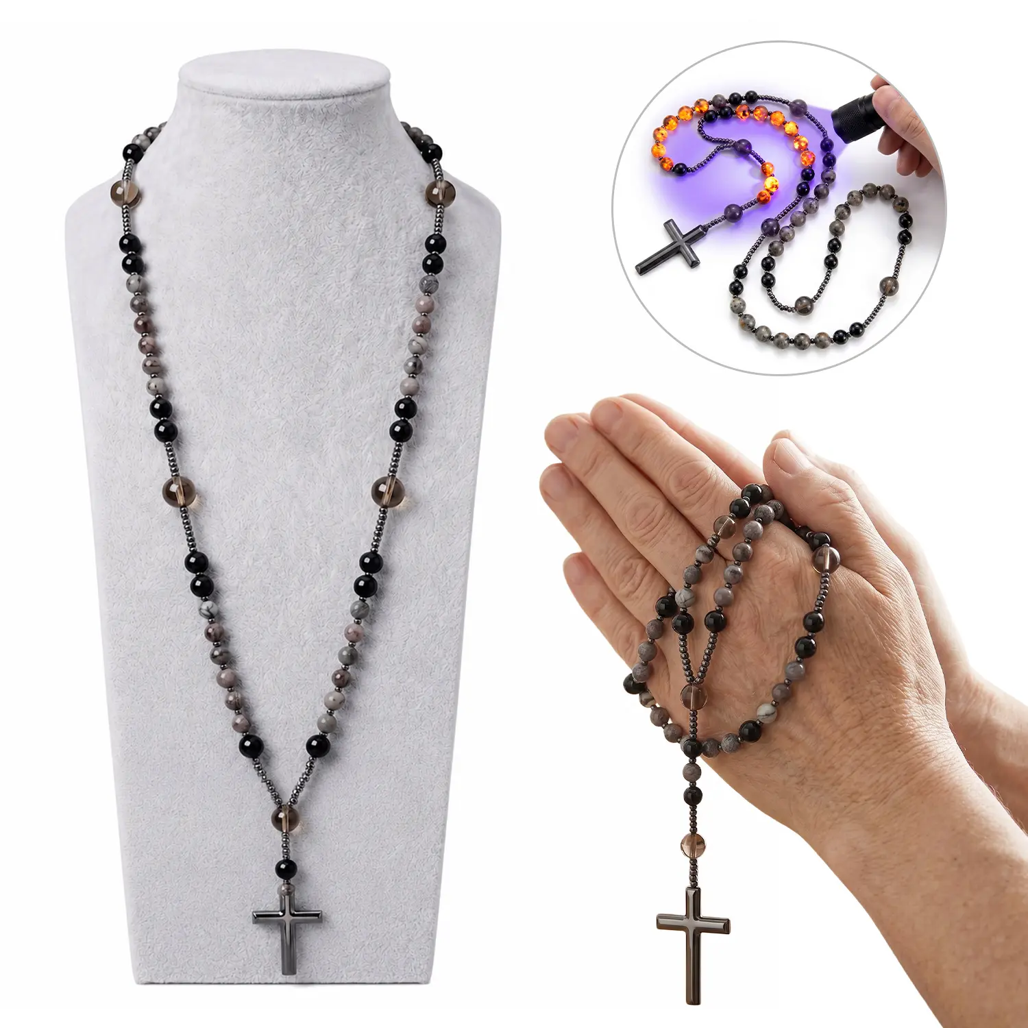 Natural Obsidian Rosary Cross Pendant Necklace with Yooperlite, Hematite & Smoky Quartz Stones, UV-Reactive Healing Crystal, Adjustable Protection Jewelry for Female, Birthday & Wedding Gift, Anniversary