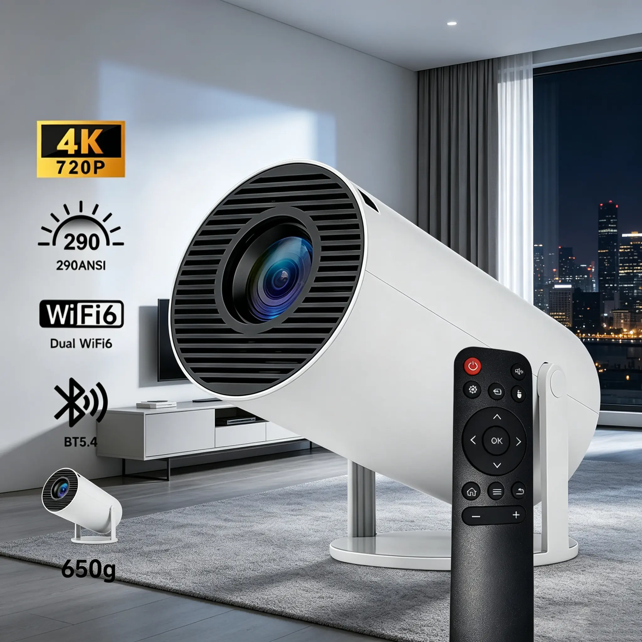 Mini Portable Tabletop Pico Home Cinema Projector - 720P Full HD LED, 290 ANSI Lumens, Wireless Bluetooth 5.4, WiFi, Android OS, Auto Keystone, 180° Rotatable, 130" Screen, Built-In Speaker, Remote Control, Mount-Compatible for Game outdoor projector