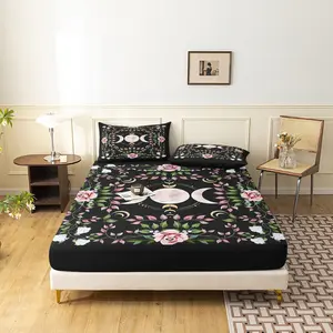 3pcs Bohemia Triple Moon Rose Fitted Sheet Set,Celestial Floral Bedding, Boho Bedding,Gothic Bedroom Decor- High-Definition Prints For Home & Dorm Mattress Protector (1 Fitted Sheet + 2 Pillowcase No Pillow)