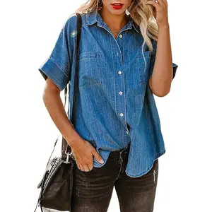 Women's Button Down Denim Shirt Casual Loose Short Sleeve Jean Shirts Tops with Pockets