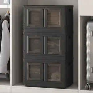 FLEXIMOUNTS 110 QT Stackable Storage Bins With Lids, Collapsible Plastic Storage Bins, Closet Organizers and Storage Containers with Doors and Built-in Wheels For Home, 3 Pack Cubes, Black