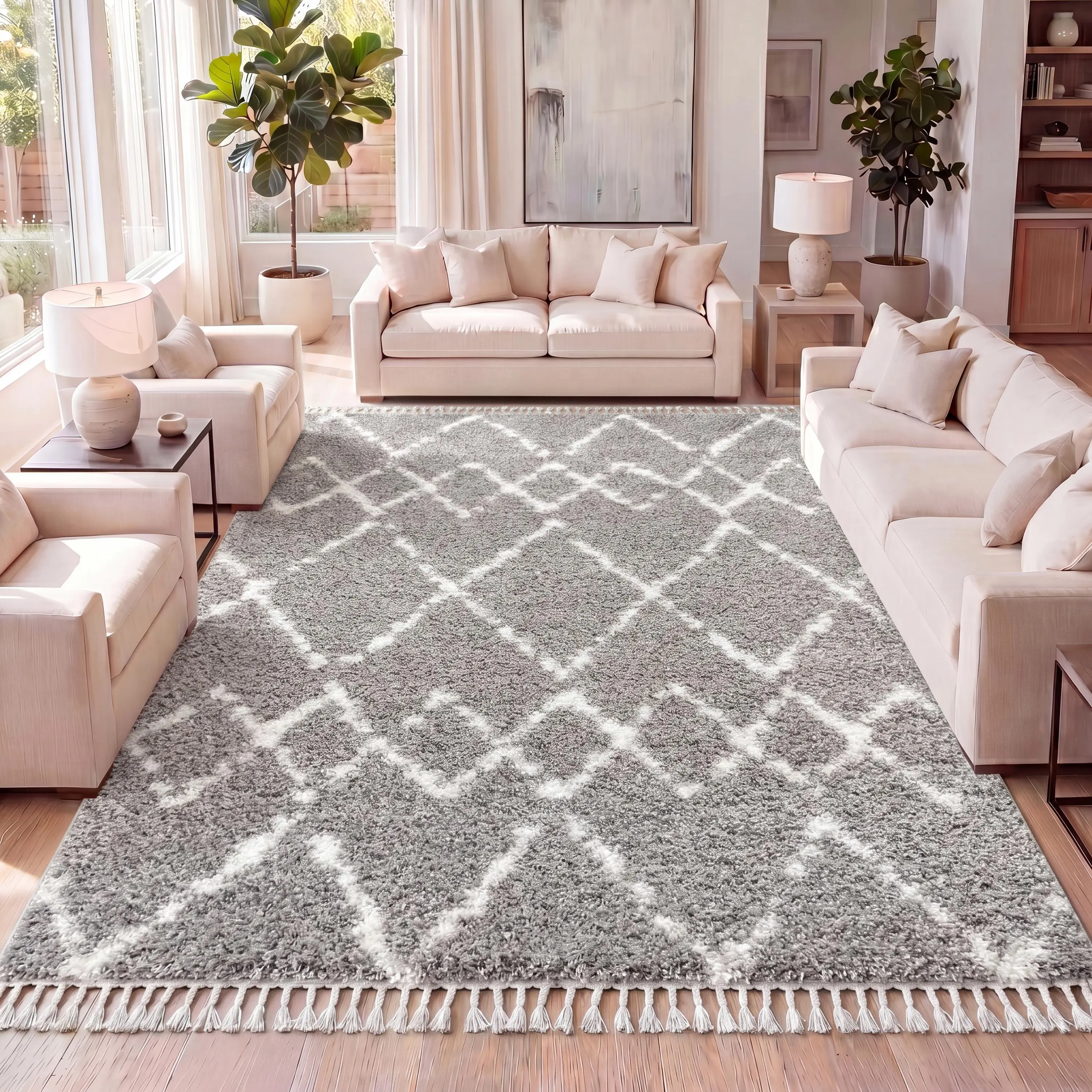 JONATHAN Y Mercer Shaggy Area Rug - Plush Tassel, Moroccan Tribal, Geometric Trellis, Bohemian Style, Decorative, Elegant, Fluffy Modern Rug for Living Room, Bedroom, Office, Bohemian Style Rugs