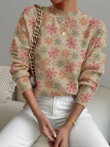 Elegant Women's Long Sleeve Sweater with Floral Print, Versatile and Warm Design for All Seasons, Fashionable Casual Knitwear