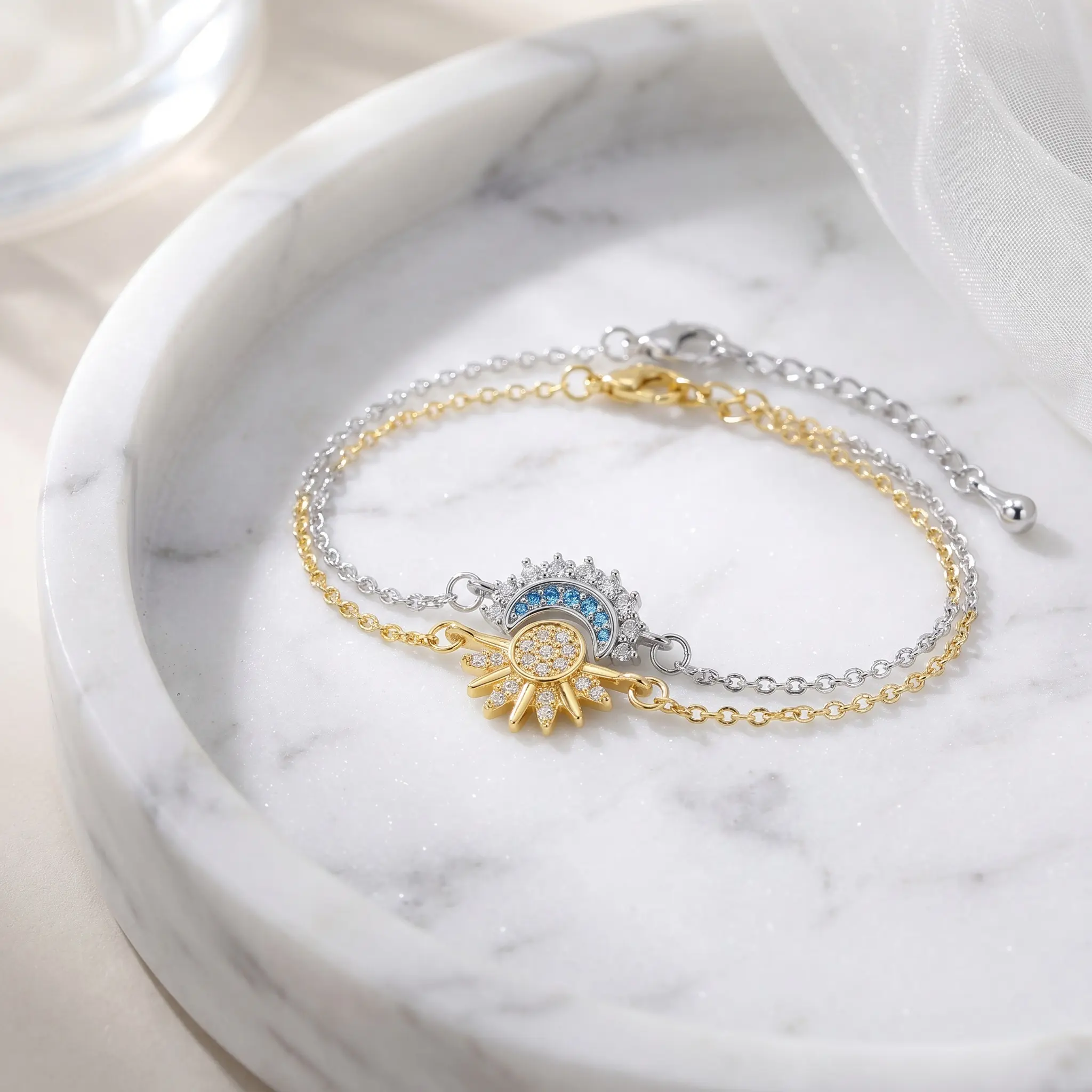 Sun and Moon Bracelet Set for bestfriend, sister gift,Stackable Gold Sun & Blue Moon Bracelet, Matching Couple/Friendship/sister Jewelry