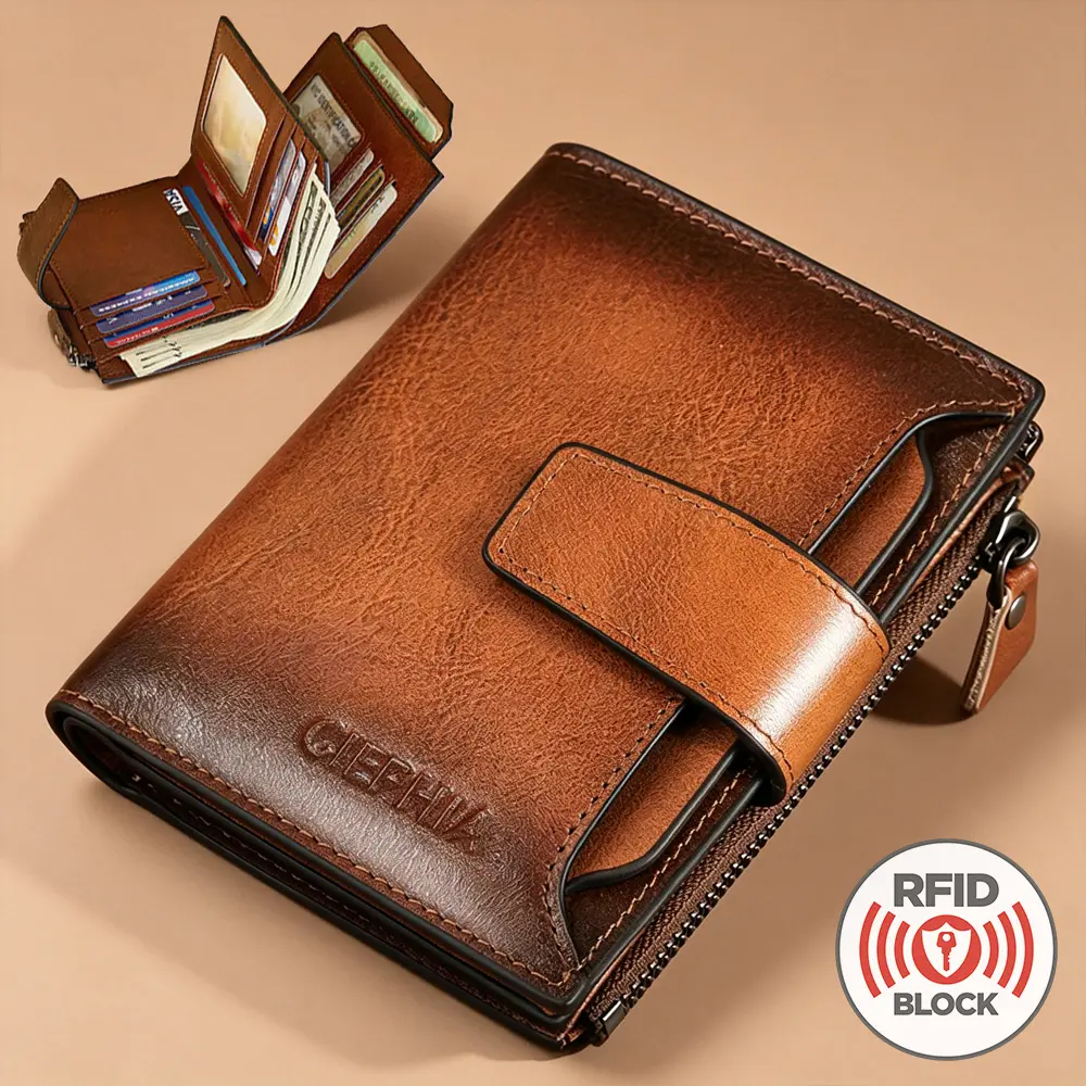 Men's Genuine Leather Wallet Vintage Short Multi Function Card Slots RFID Blocking Protection Zipper Coin Pocket Money Bags