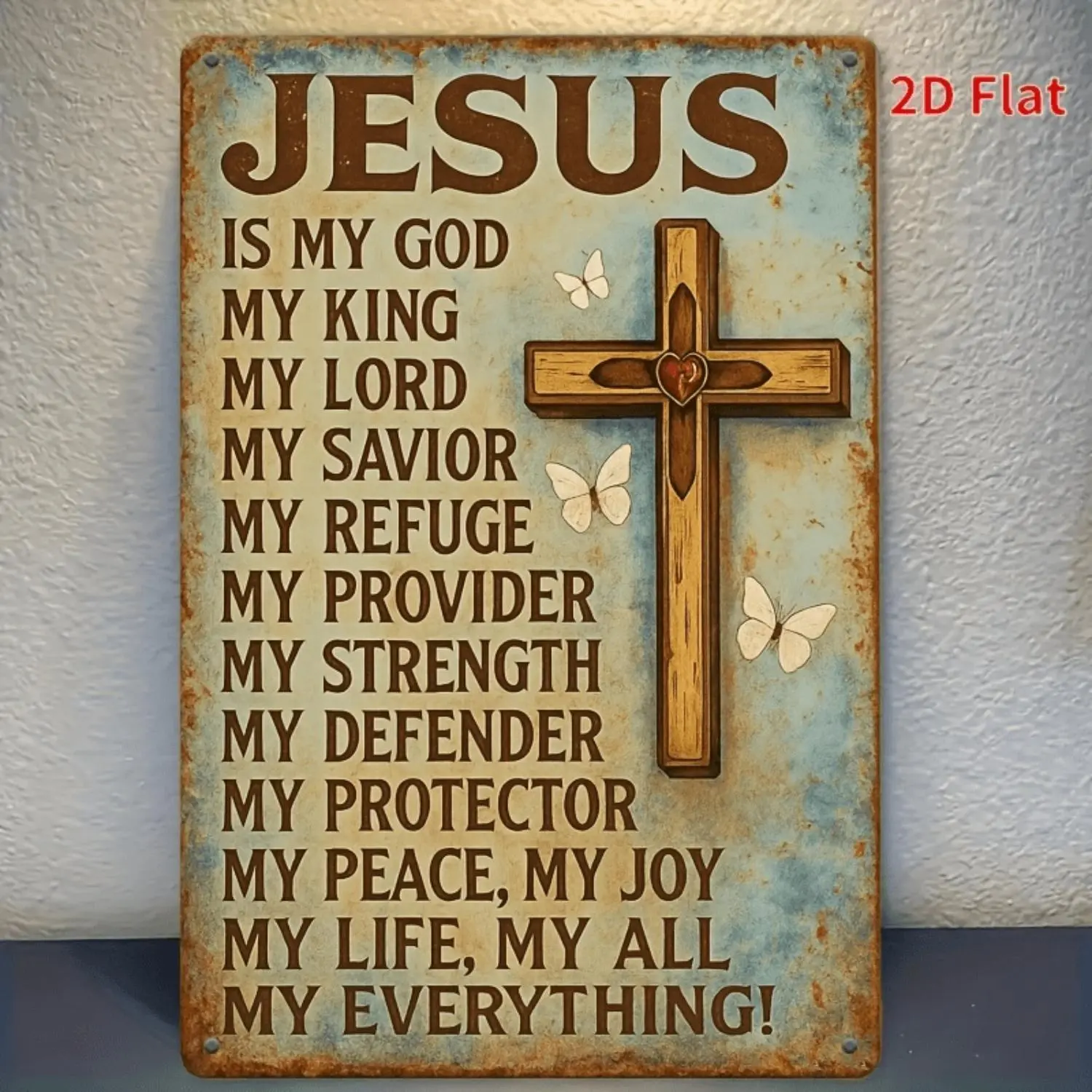[2D Flat] 1pc Vintage Jesus Cross Metal Wall Art - 8x12 Inch Tin Sign with Inspirational Quote, Rustic Iron Plaque for Home, Bar, Cafe, Garage Decor, Perfect Room Accent, Inspirational Wall Decor, Perfect for Room Decor