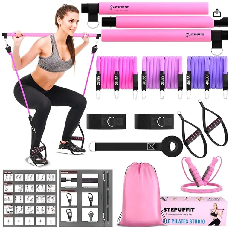 Pilates Bar Kit with Adjustable Resistance Bands, 3-Section Detachable Bar & Comfortable Grips - Portable Home Workout Equipment for Resistance Training, Yoga (Black, Convenience and Versatility)