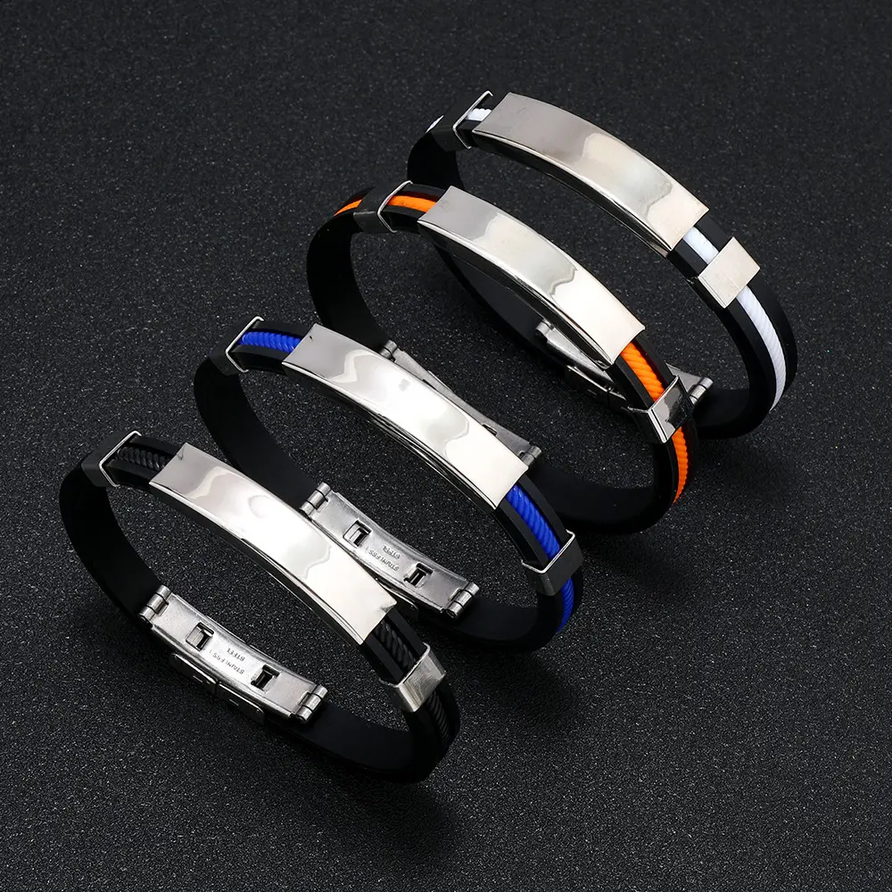 Classic Style Men Silica Gel Bracelet Simple Stainless Steel Button Bracelet Accessories Handmade Jewelry Gifts