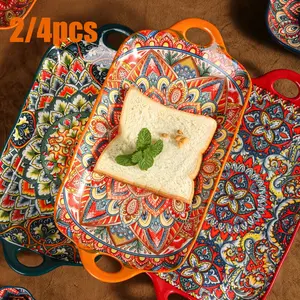 Bohemian Ceramic Rectangular Trays Set of 2/4 with Handles, Dinner Plates, Salad Plates, Sushi Plates, Serving Platters, Dinnerware for Home Dining