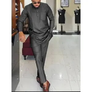 Men's Dashiki Suit, Long Sleeve, Round Neck, Shoulder Zipper, Pocket, Split Hem, Elastic Pants, African Clothing, Large Size Men's Suit, Men's Casual Shirt And Pants 2pcs Set, New Four Seasons 1 Set, Wedding Wear, Gray Menswear Quarter Spandex Formal