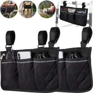 2 Pack Wheelchair Side Bag, Armrest Pouch with Reflective Stripe, Detachable Rollator Bag Wheelchair Pouch Side Pocket Organizer Bags for Wheelchairs, Walkers or Rollators Black