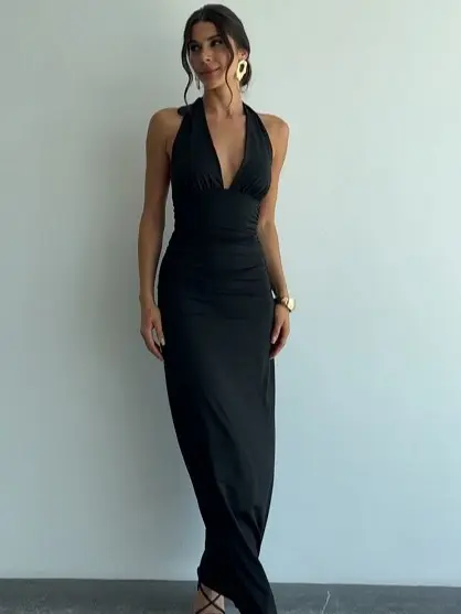 Deep V-Neck Halter Neck Open Black Casual Fitted Black Tie Maxi Long Womenswear Dress - TikTok Shop Deep V-Neck Halter Neck Open Black Casual Fitted Black Tie Maxi Long Womenswear Dress - TikTok Shop