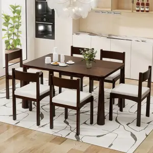 7-Piece Dining Table Set for 6,  Retro Wood Dining Table with 6 Upholstered Chairs for kitchen & Dining Room
