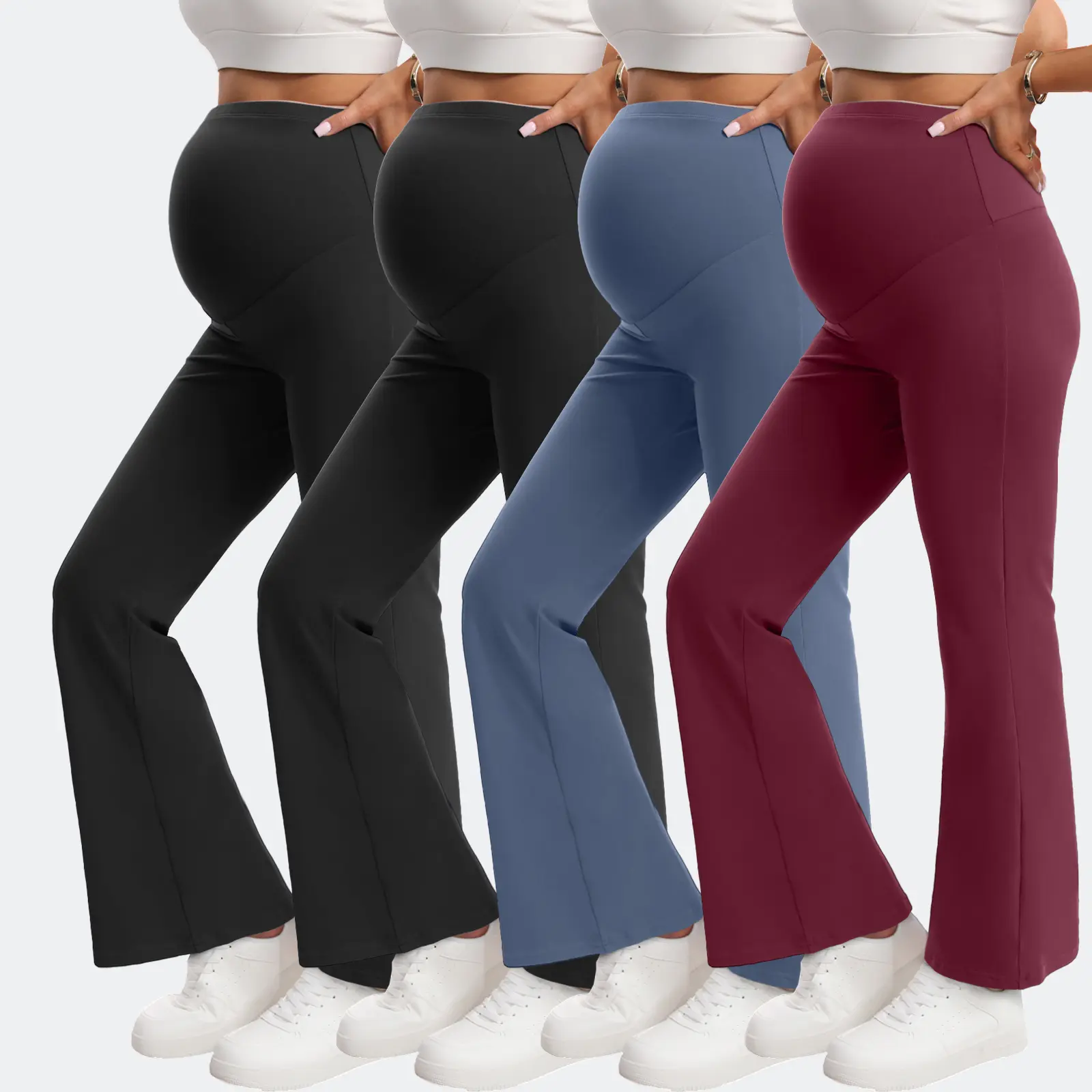 Women's 4-Pack High-Waisted Maternity Flare Leggings with Pockets, Polyester Blend Over-The-Belly Yoga Pants, All Seasons Maternity Clothing for Workout Pregnancy Clothes