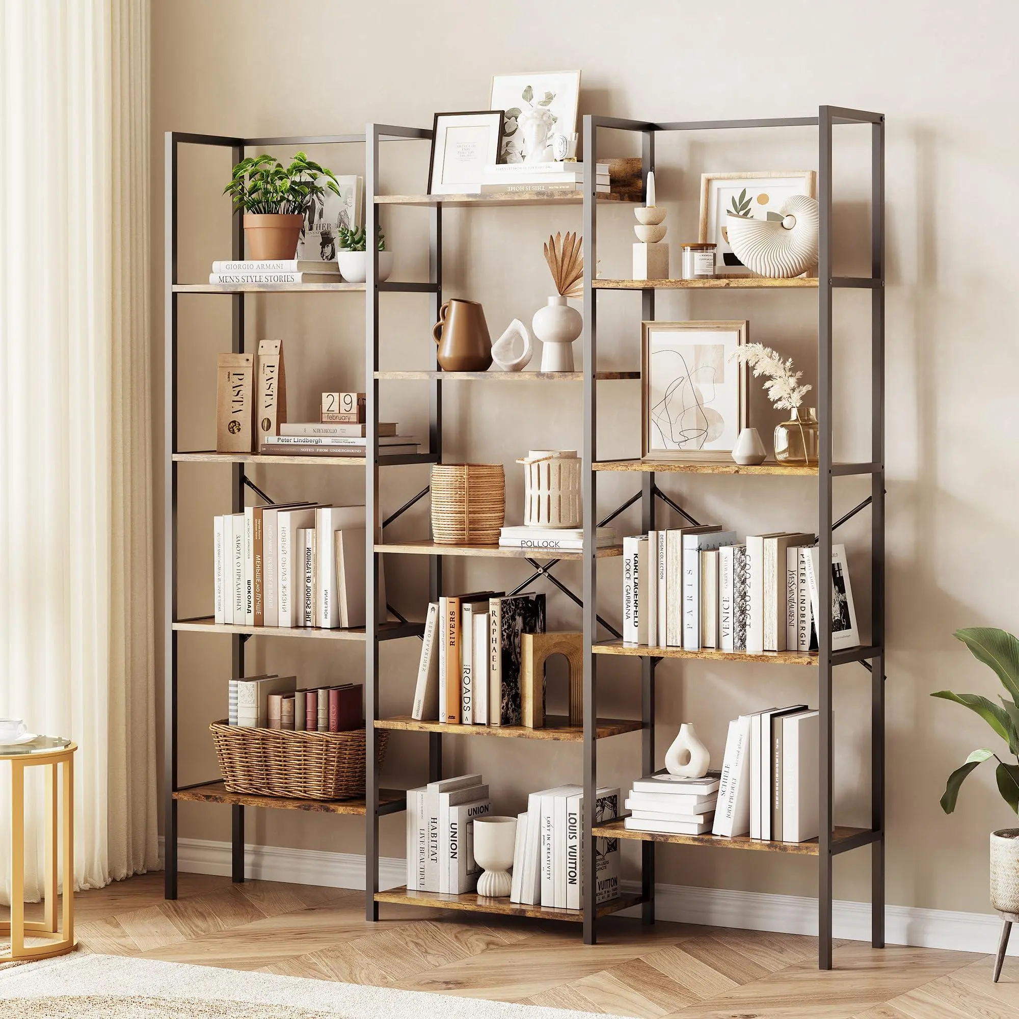 Rustic Brown Industrial Style Book Shelves, Triple Wide 5 Tier Bookshelf with 13 Open Display Shelves, Large Rustic Metal Bookcase for Living Room, Home and Office