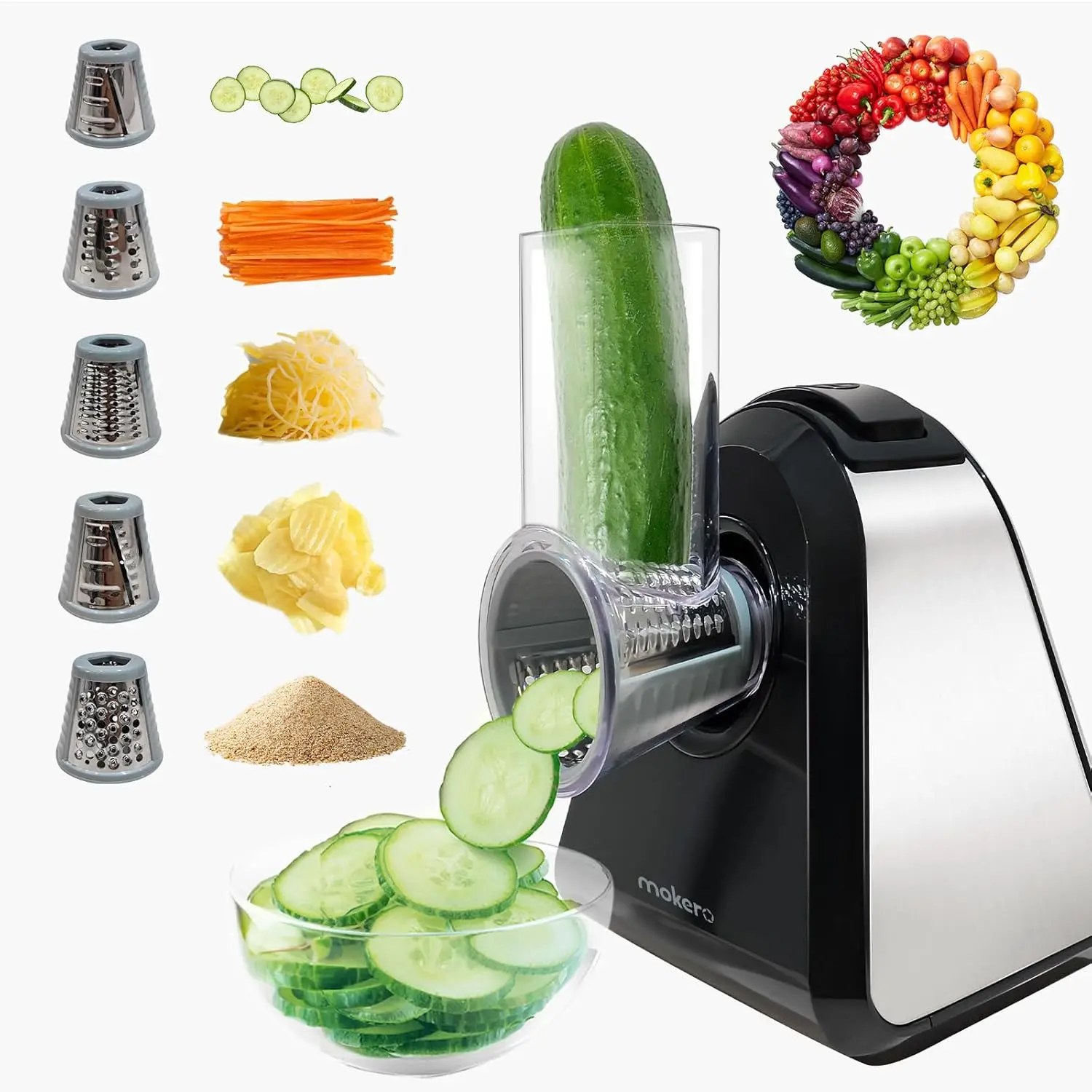 Mokero 5 in 1 Electric Cheese Grater Salad Shooter Maker for Block Cheese Home Kitchen Electric Food Slicer Shredder Chopper Automatic Grater for Vegetables Cucumber Carrots Cabbage Nuts kitchen chopper