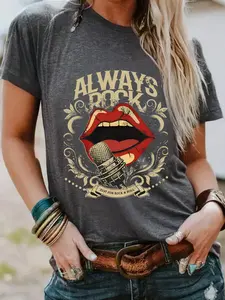 Women's Always Rock Graphic Round Neck Fitted Tee, Vintage Trendy Casual Streetwear Short Sleeve T-shirt for Daily Wear, Ladies Summer Outfit