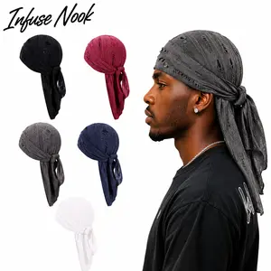3Pcs Retro Distressed Durag Headwrap Set, Unisex Soft Stretch Ripped Bandana Pirate Turban, Breathable Hip Hop Streetwear Headband For Men Women Daily Outfit