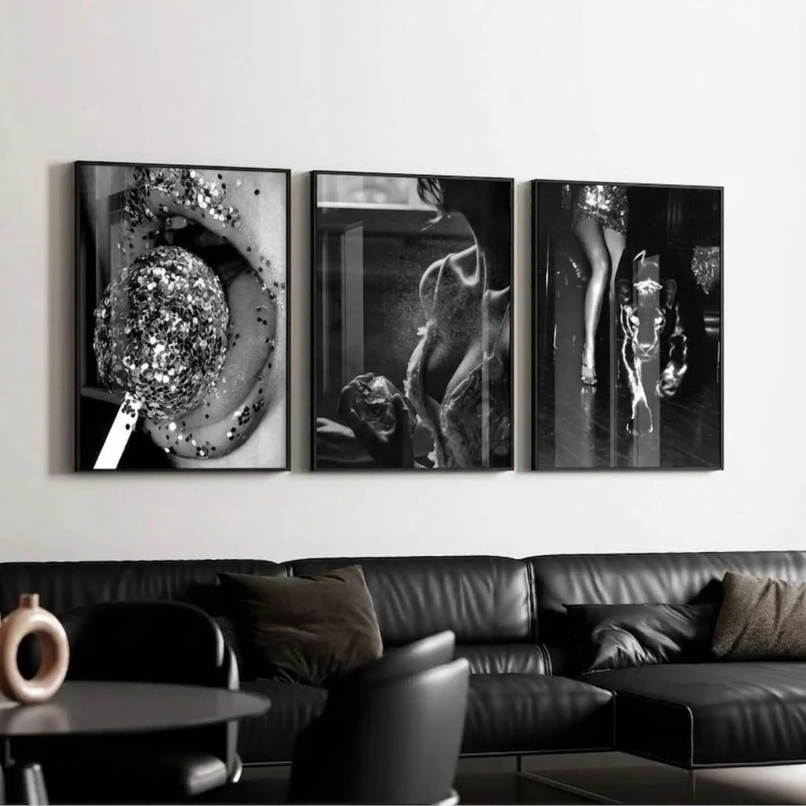 Set of 3 Black White Prints, Glitter Lips Wall Art, Dark Sensual Poster, Sequin Legs Print, Boudoir Bedroom Decor, Glam Gallery Wall Gift