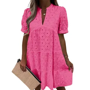 【MothersDayGift】Wenrine Women’s Summer Lace Dresses Eyelet Casual Flowy Babydoll Swing Short Sleeve V Neck Tunic Dress