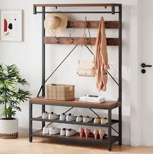 【GARVEE】5-in-1 Storage Bench for Locker - Entryway Storage Bench - Large Shoe Bench with Wood-Look Accent and Hanging Bar with Shelf - 8 Hooks