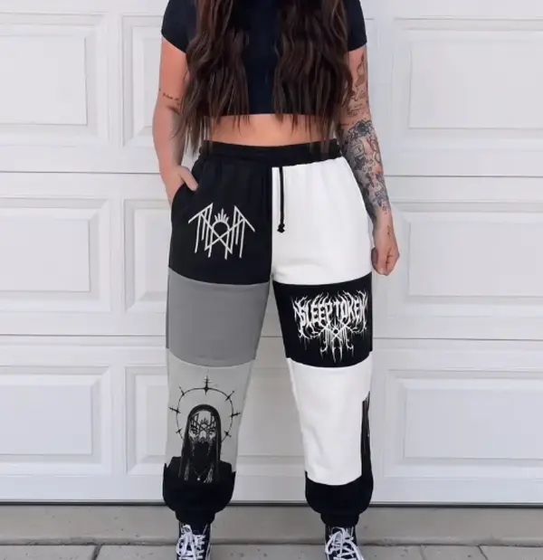 Sleep Token Sweatpants, Gothic Patchwork Jogger Pants, Black White Graphic Sweatpants, Alternative Y2K Streetwear Joggers, Unisex Casual Pants for Men & Women