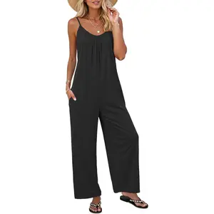 Women Jumpsuits Casual Sleeveless Spaghetti Strap Boho Wide Leg Rompers with Pockets