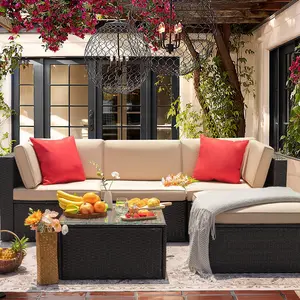 HOMALL 5 Pieces Patio Sectional Set PE Rattan Outdoor All-Weather Wicker Conversation Set with Table