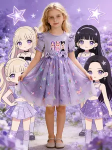 K-Pop Butterfly Child Princess Dress, Cute Fly Sleeve Bow Net Dress, Slim-Fitting Butterfly Pattern Dress for Girls