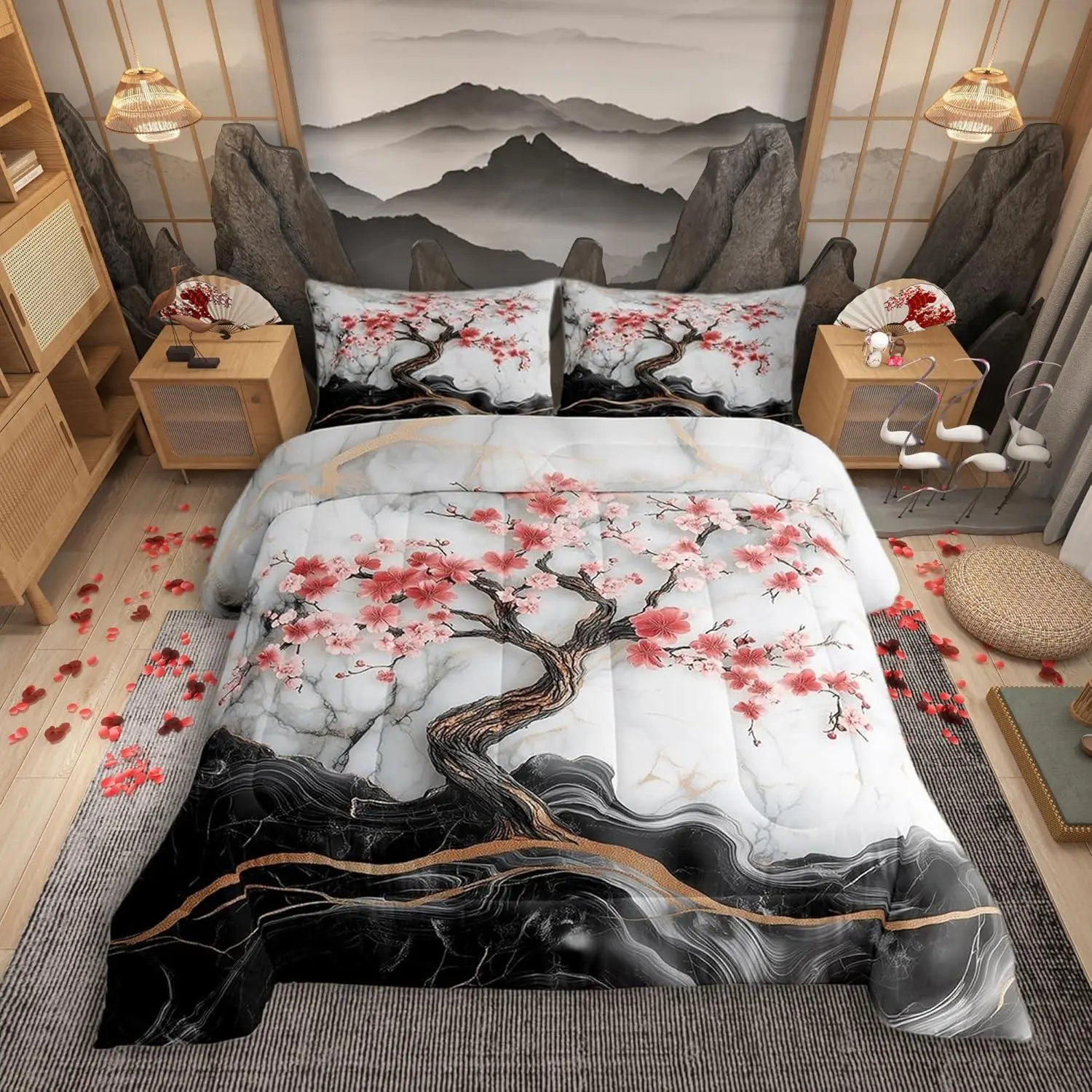 Cherry Blossom Comforter Set,Artistic Black White Marble Texture Paint Bedding Set for Child Young,Japanese Style Pink Red Flowers Romantic Comforter