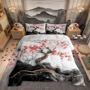 Cherry Blossom Comforter Set,Artistic Black White Marble Texture Paint Bedding Set for Child Young,Japanese Style Pink Red Flowers Romantic Comforter