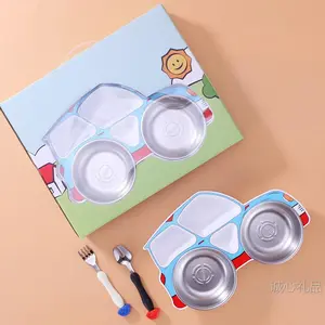 Stainless steel children's plates, children's tableware, car shaped children's separated plates, can be disassembled for cleaning, dishwasher washable, durable and anti drop, lightweight, picky children's tableware