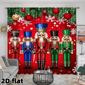 2D Flat 2Pcs Christmas Nutcracker Soldier Print Curtains, Festive Red Background, Snowflake Pattern, Rod Pocket Design, Semi Sheer Polyester, Perfect for Living Room Bedroom Window Treatment, Holiday Home Decor, Privacy Protection