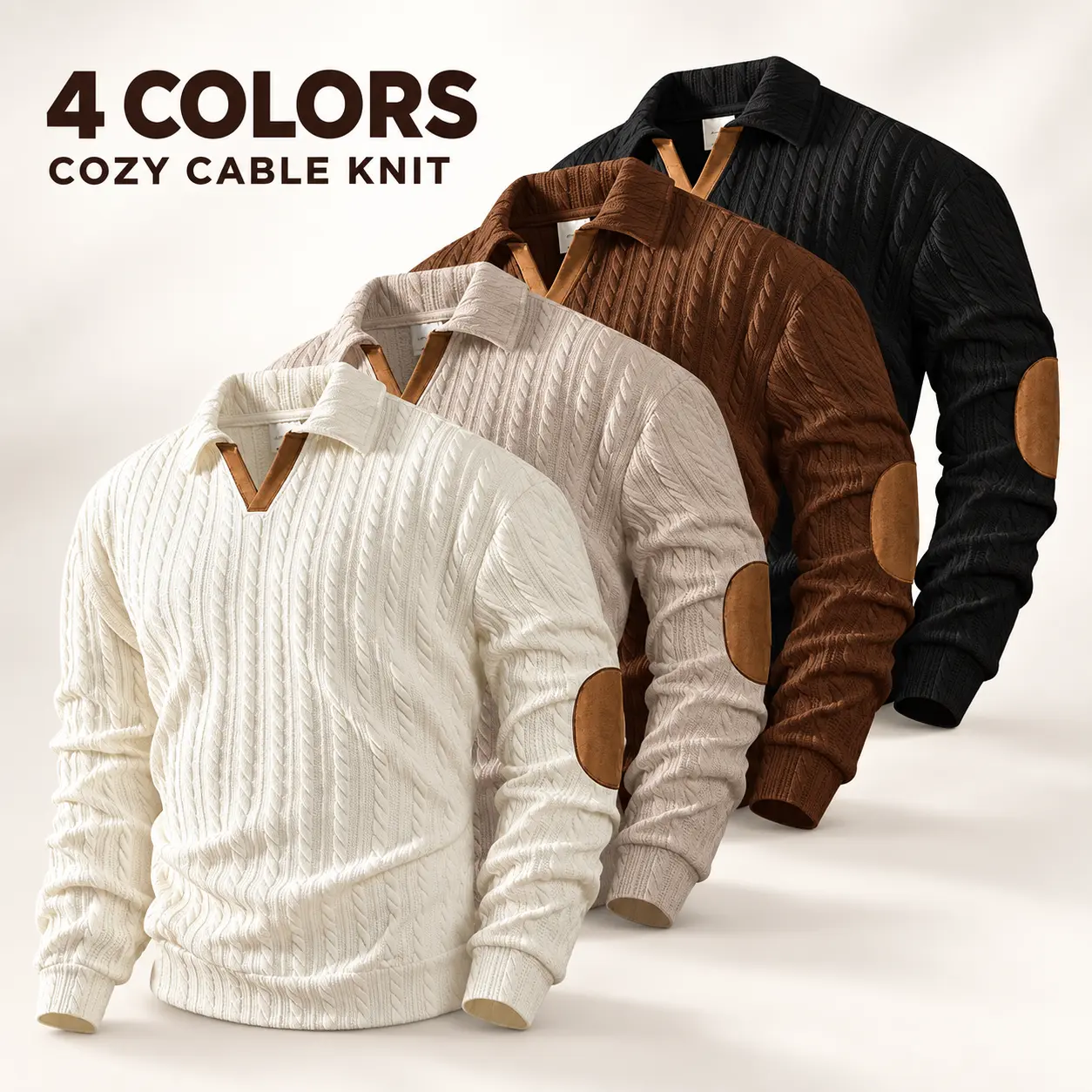 Menswear Neutral Knit Men's Pullover - Classic Plain Men's Cable Knit Longsleeves Sweater, Lapel Collar Polyester Knitwear with Suede Elbow Patches, Daily Casual Outfit, 4 Color Options (Sold Individually or in Multi-Pack Bundles)