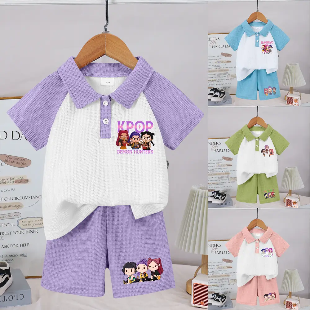 1Set Toddler Girls Kpop Demon Hunters Tiger Outfit Purple Graphic Print Short Sleeve T-Shirt & Shorts Set for Spring Summer Fall Casual Wear