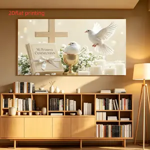 2D Flat Polyester First Communion Banner, Cross Dove Chalice Candle Design, Indoor Outdoor Use, Religious Baptism Ceremony Decor