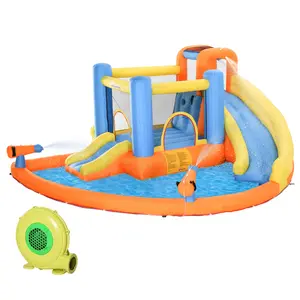 Inflatable Bounce House Water Park for Kids with Water Slides,Inflatable Party Pool Slide,Outsunny Kids Inflatable Water Slide 5-in-1 Bounce House Water Park Jumping Castle with Water Pool, Slide, Climbing Walls, & 2 Water Cannons, 450W Air Blower