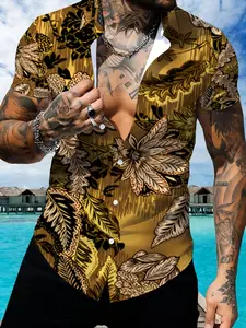 Men's Summer Printed Short Sleeve Shirt, Brown Tropical Floral Pattern Casual Top, Beach Vacation Style Shirt, Casual Fashion Top, Menswear