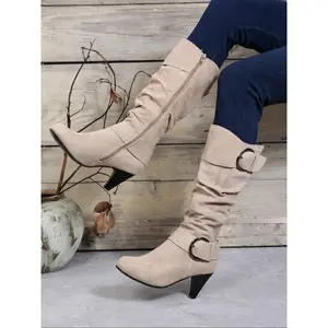 Women’s fashion boots, new buckle design, stylish, thick sole, lightweight western suede folded boots, vintage motorcycle boots, warm winter boots