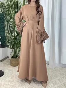 Arabic Clothing-Contrast Lace Long Bell Sleeve Loose Maxi Arabian Dress with Belt, Summer Outfits 2024, Modest Style Dress, Elegant Kaftan Muslim Dress, Islamic Clothes Caftan for Women