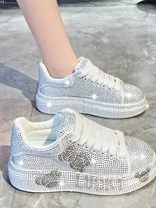 Full Diamond Thick Sole Sport Casual Shoes, Unique Design Handmade Embellished Luxury Thong Dad Sneakers, Party Banquet Multi-Scene Cool Women's Shoes