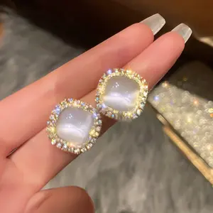 2026 New Dainty Cat's Eye Stone Stud Earrings for Women, Rhinestone Framed, Elegant High-End Minimalist Design