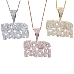 Iced Out Hood Rich Pendant Necklace for Men Women, CZ Bubble Letter Hip Hop Charm Chain in Silver Rose Golden and Golden, Bling Rap Streetwear Statement Jewelry Gift