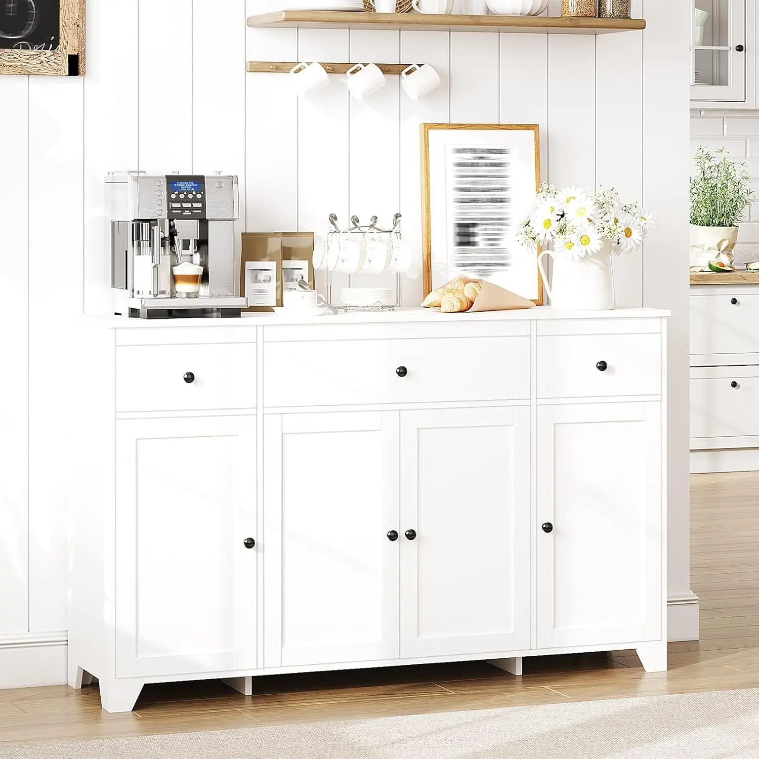 55-Inch Freestanding Adjustable Sturdy Storage Cabinet - Scandinavian 3-Tier Classic Tall Cupboard, Minimalist Wooden Buffet with Drawers, Shelves, Doors, Flat Panels, Easy Assembly for Kitchen Pantry, Coffee Bar Decor (White), Adjustable Storage Cabinet,
