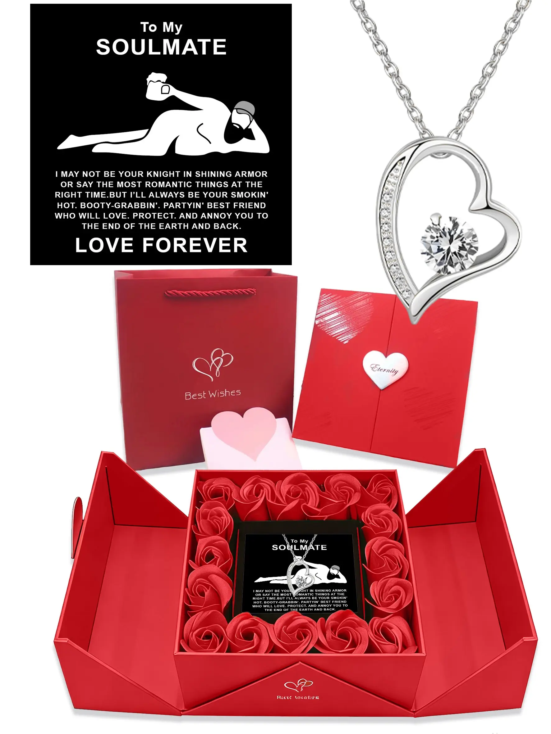 Valentine's Day, birthday, and anniversary gift for your soulmate: heart-shaped pendant necklace "For My Soulmate," love message card, 16 preserved roses in a luxurious red gift box with card and box