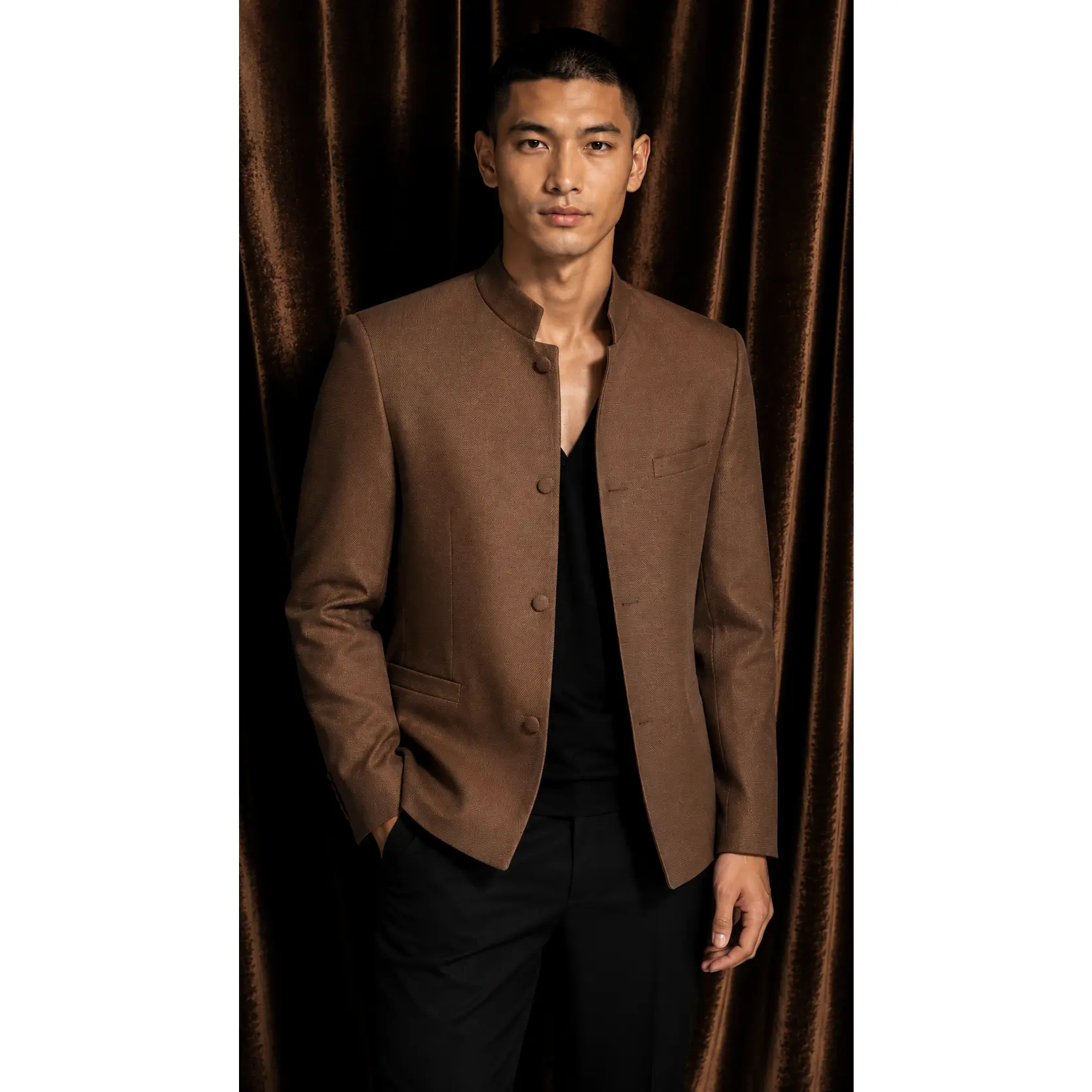 Men's Tailored Lightweight Stand-Collar Cardigan Jacket, Straight Hem, Premium Fabric