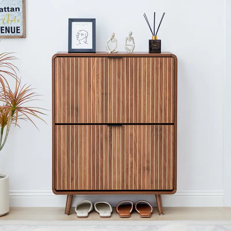 FurSch Modern Mid-Century Wooden Shoe Cabinet, Fluted Design with 2 or 3 Drawers, Stylish Storage Organizer for Entryway, Hallway, or Living Room