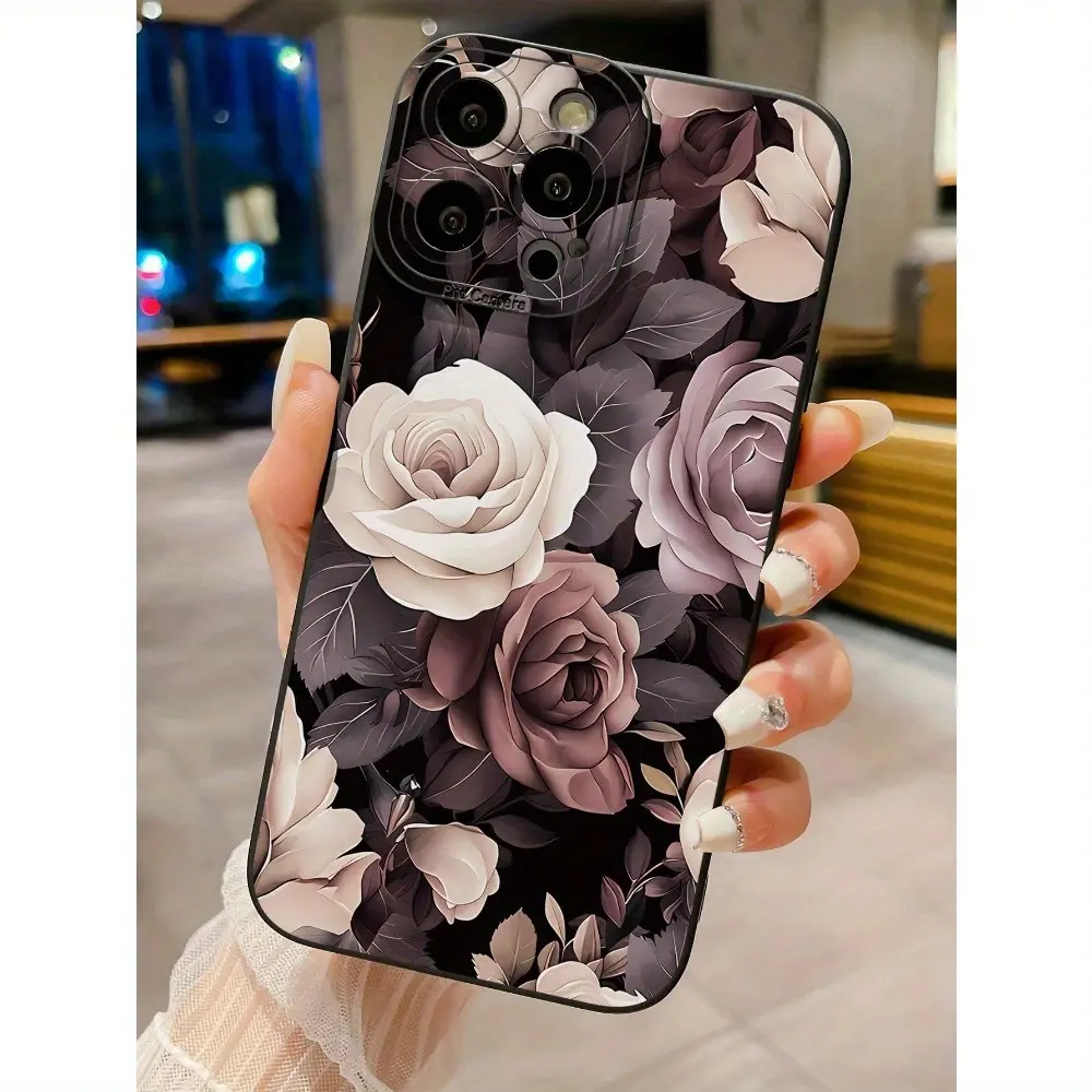 (New Arrival)Gray Purple Large Flower Astronaut Pattern TPU Phone Case for iPhone 15 14 13 12 11 Pro Max Full Coverage Anti-fall Durable Lens Protection
